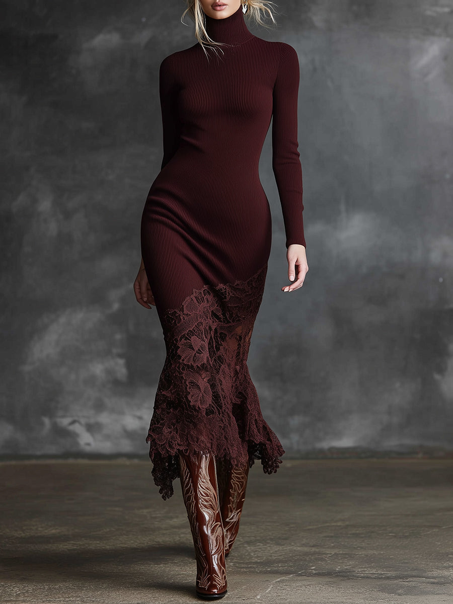 Schlichtes und elegantes burgunderrotes Strick-Maxikleid mit Stehkragen und Spitzensaum