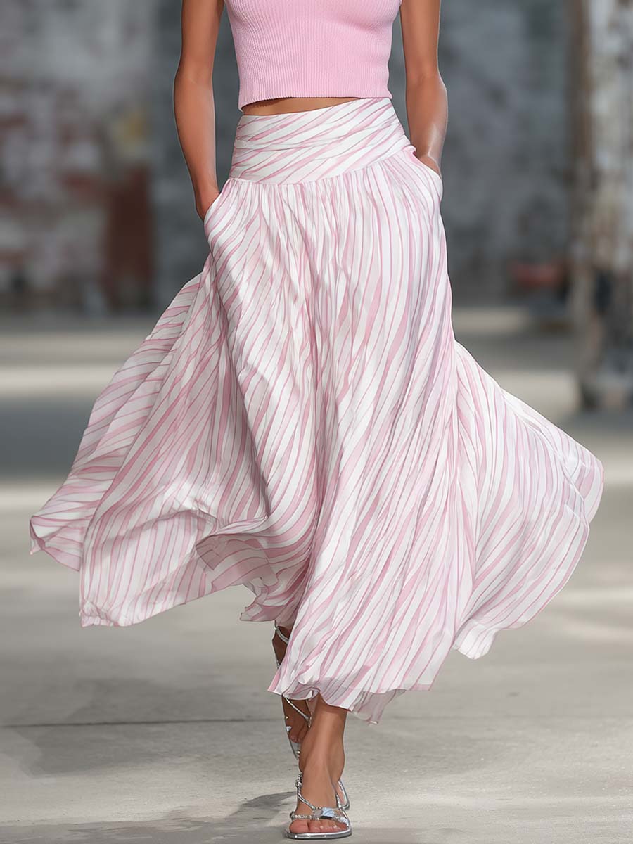 Eleganter fließender Retro-Chiffonrock in Rosa mit Streifen