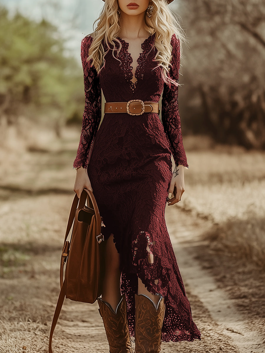 Vintage-Boho-Midikleid aus blauer Spitze mit langen Ärmeln