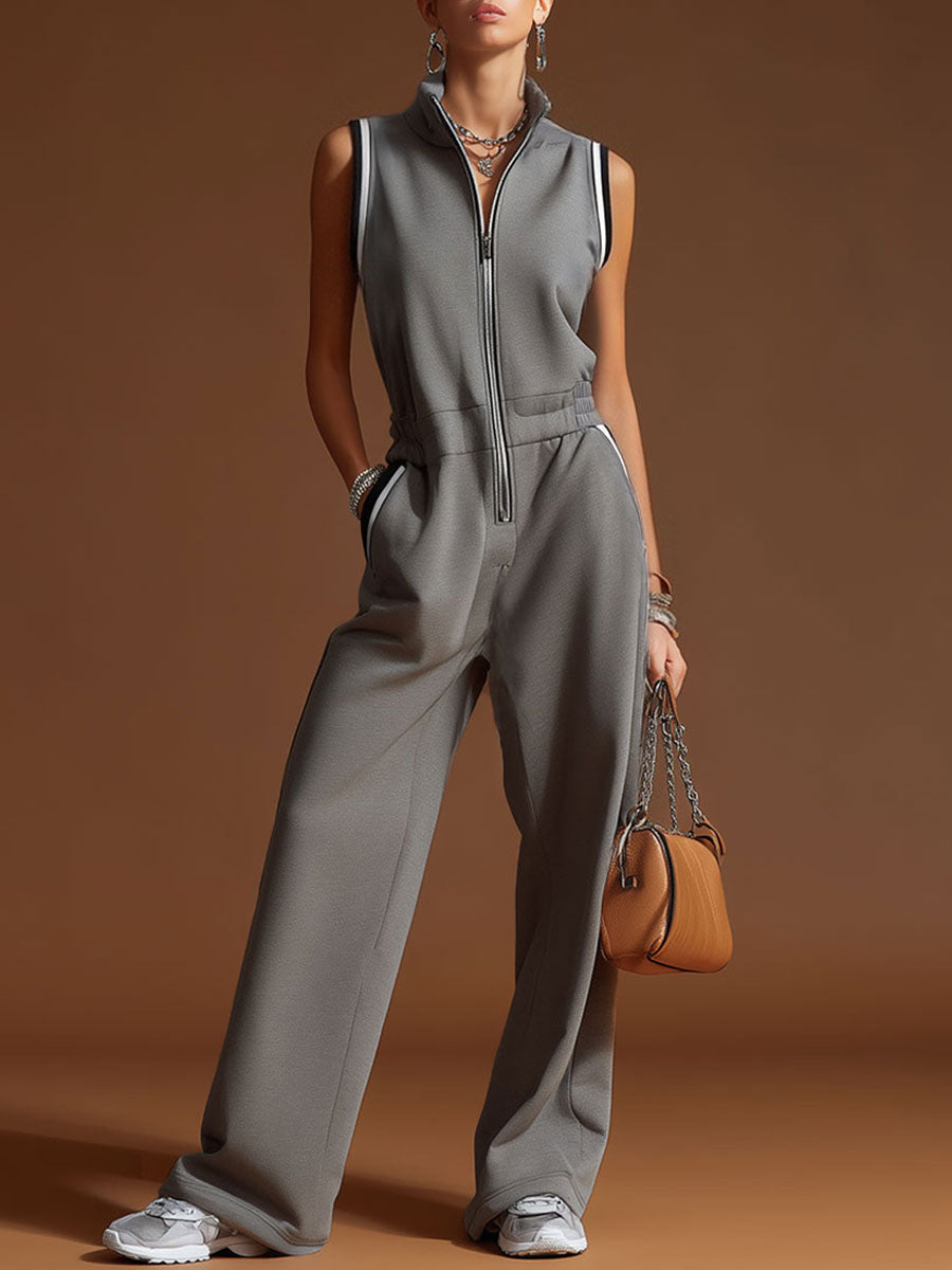 Lässig-sportlicher Retro-Jumpsuit in Dunkelgrau aus Baumwollmix mit Reißverschluss, ärmellos