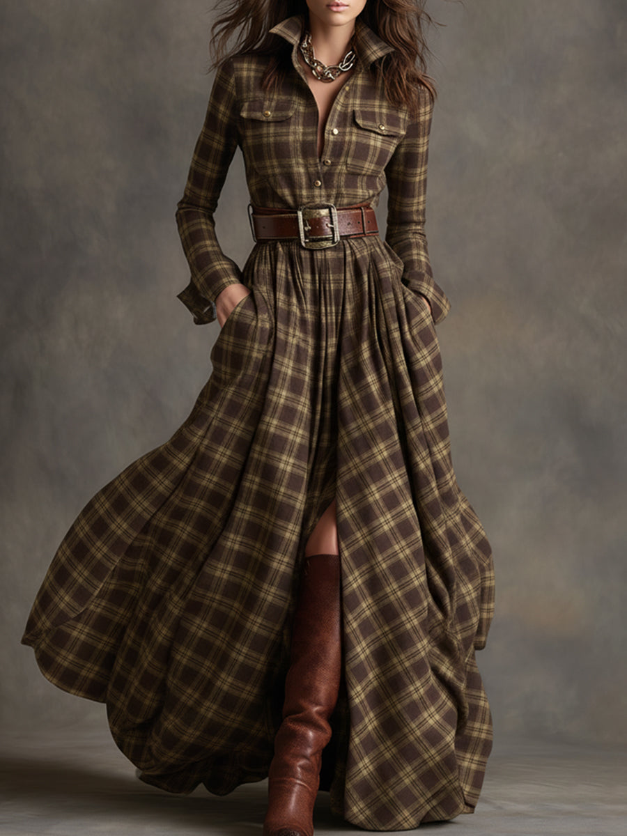 Retro-Maxikleid im Ethno-Stil mit Revers und rotbraunem Karomuster