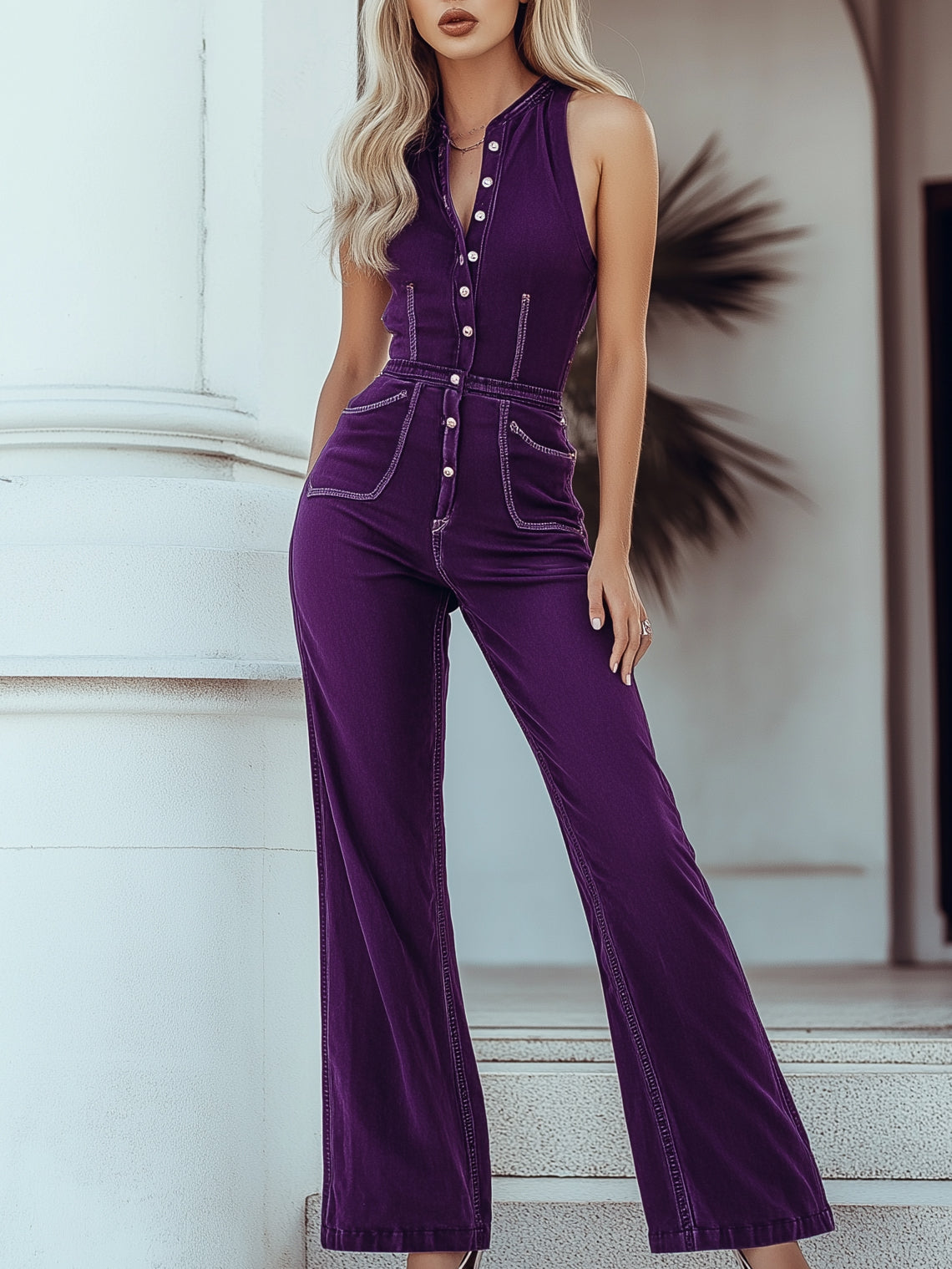 【Versand innerhalb von 24 Stunden】Geheimnisvoller Vintage Lila Denim-Jumpsuit ohne Ärmel mit weitem Bein