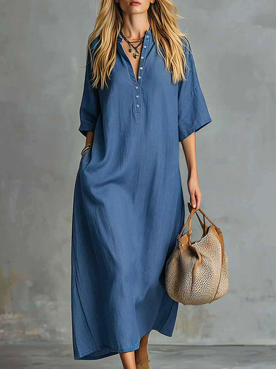 Blaues Retro-Maxikleid aus Tencel-Denim mit kurzen Ärmeln
