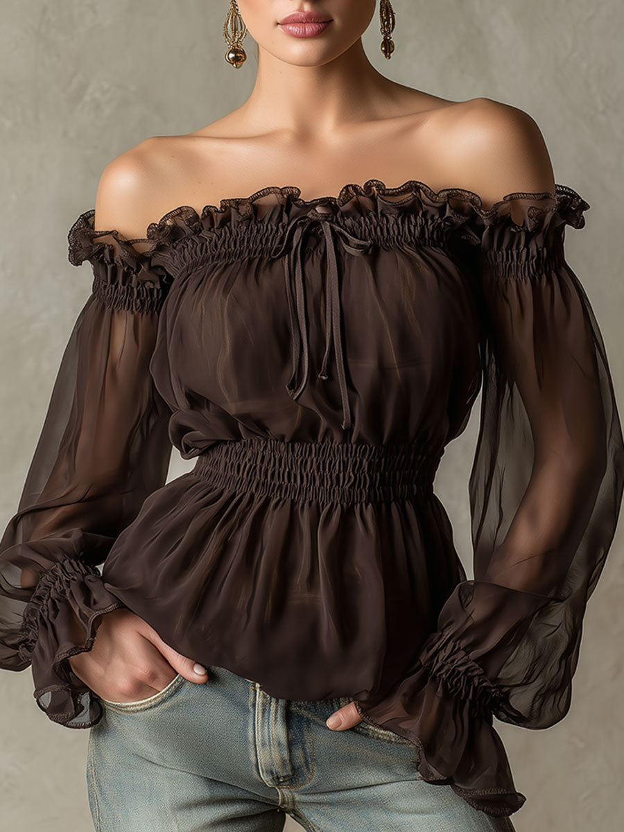 Modische Retro-Chiffonbluse in Braun mit Rüschen und schulterfreiem Design