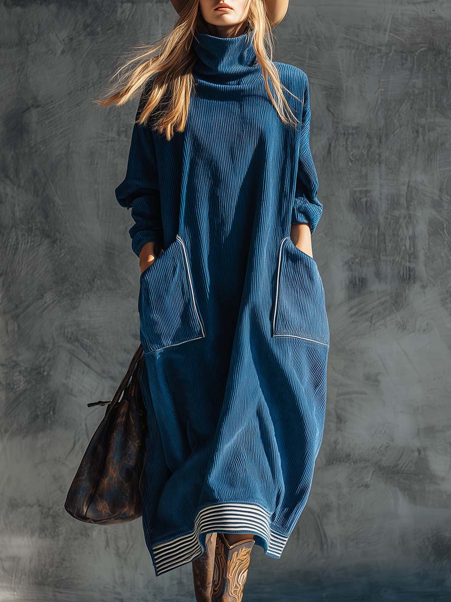 Lässiges Vintage-Midikleid aus blauem Cord mit Stehkragen und großen Seitentaschen