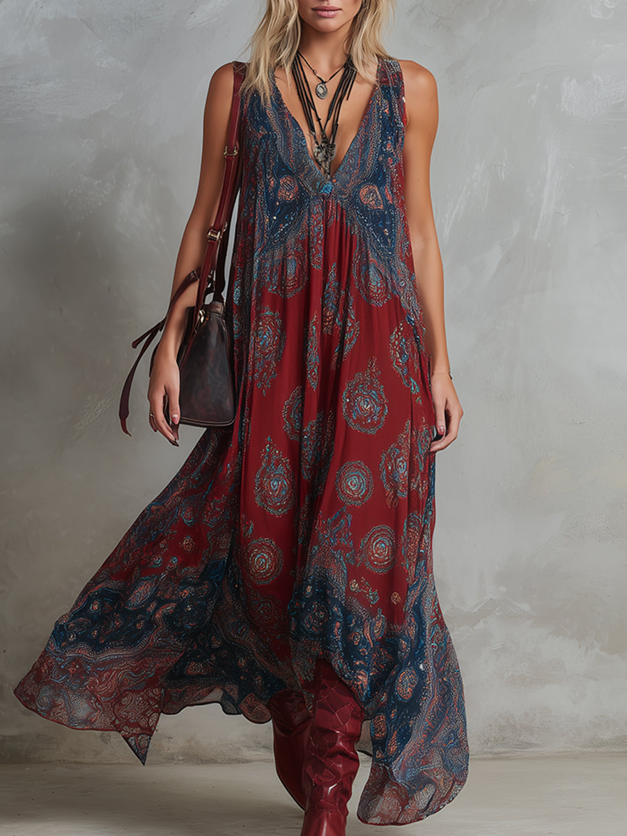 Retro-Boho-Maxikleid aus Chiffon mit Ethno-Print, ärmellos