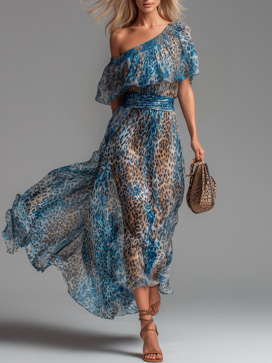 Stilvolles und elegantes schulterfreies Chiffon-Maxikleid mit kurzen Ärmeln und Leopardenmuster