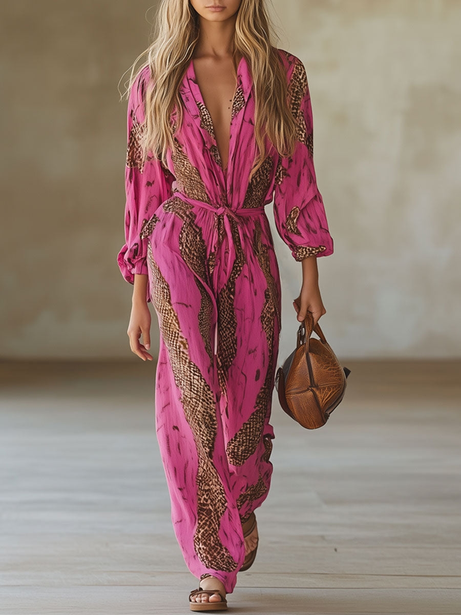 Lässiger, lockerer Jumpsuit aus rosenrotem Chiffon mit Leopardenmuster und langen Ärmeln