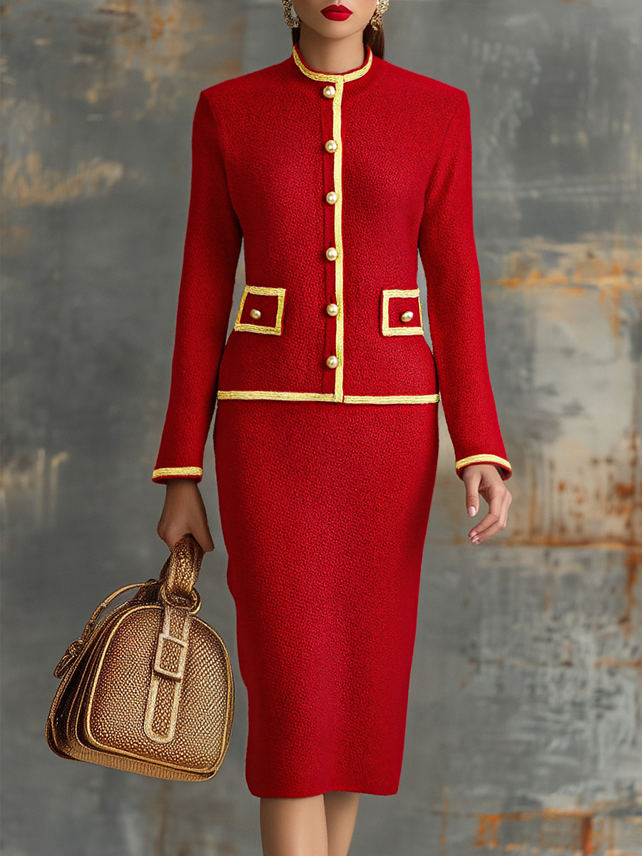 Retro-elegantes zweiteiliges Set aus Strickjacke und schmalem Rock