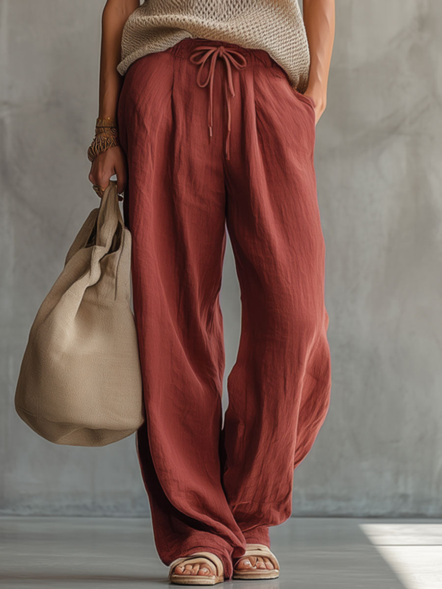 Retro Hose mit weitem Bein aus Baumwolle und Leinen in Ziegelrot
