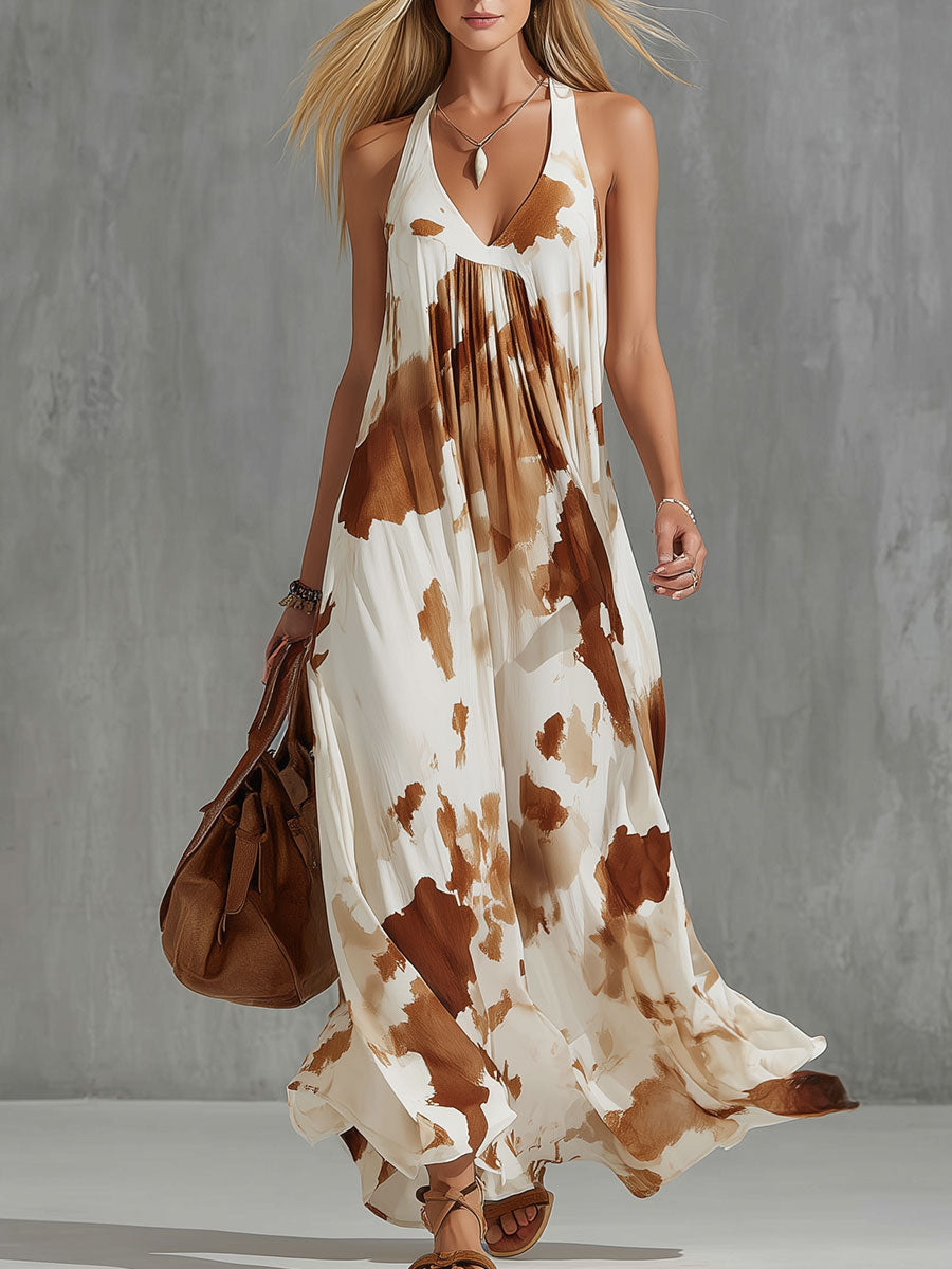 Vintage weißes Chiffon-Maxikleid mit braunem Kuh-Print, ärmellos