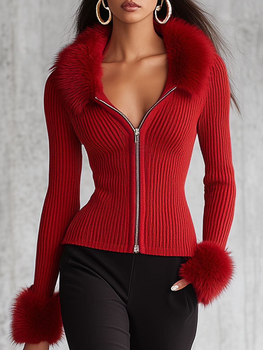 Strickjacke mit Revers, Reißverschluss und Kunstfellkragen