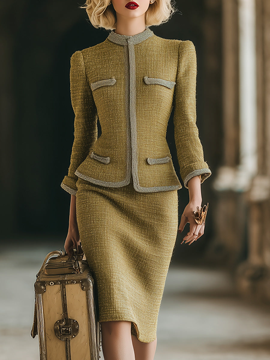 Exquisites Vintage-Set aus hellgoldener Tweedjacke und Rock