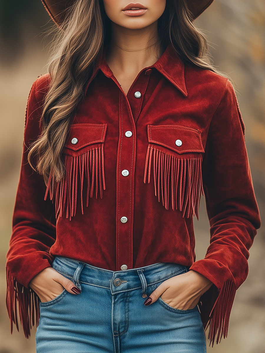 Langärmeliges Cowboy-Hemd im Outdoor-Westernstil aus rotem Wildleder mit Revers und Fransen