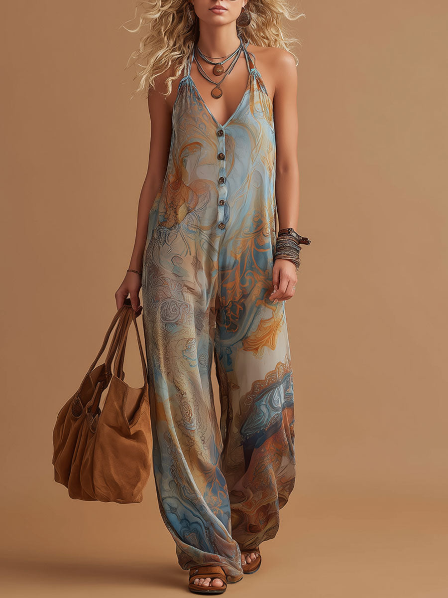 Retro Boho Chiffon-Jumpsuit mit Print, ärmellos und weitem Bein für den Urlaub