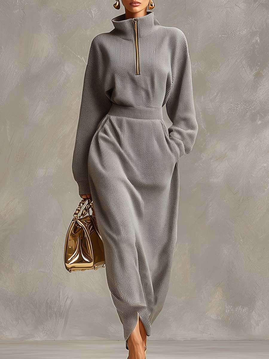 Edles lässiges Maxikleid mit Revers, Front-Reißverschluss und langen Ärmeln in Hellgrau aus Waffelstoff