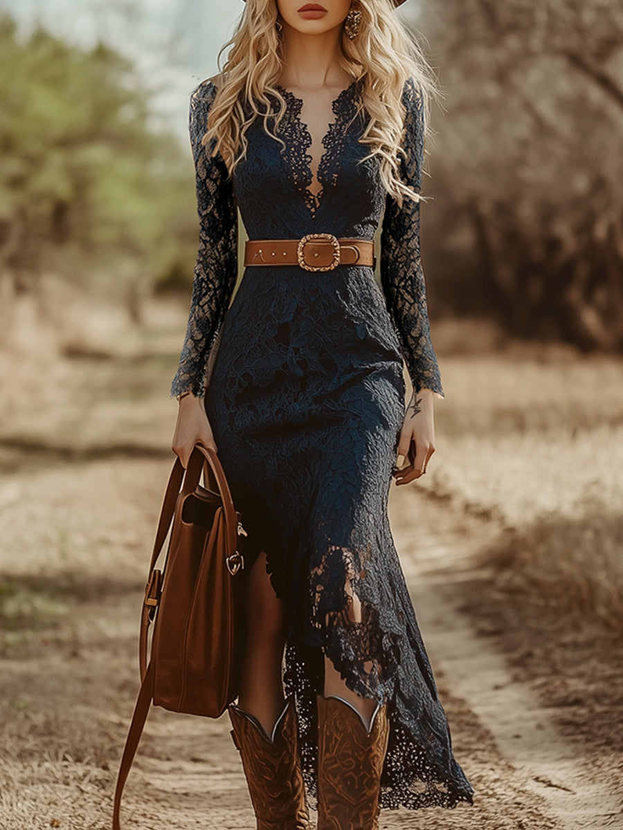 Vintage-Boho-Midikleid aus blauer Spitze mit langen Ärmeln