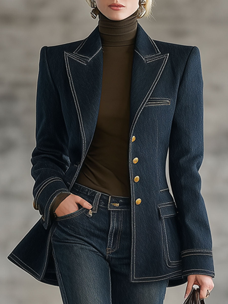 Modische Retro-Jeansjacke in Marineblau mit Ziernähten