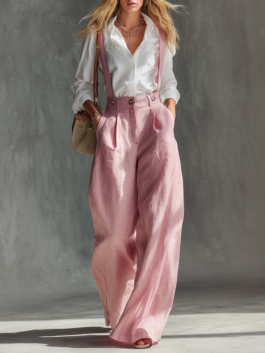 Elegante, vielseitige Vintage Latzhose mit weitem Bein aus Baumwolle und Leinen in Rosa