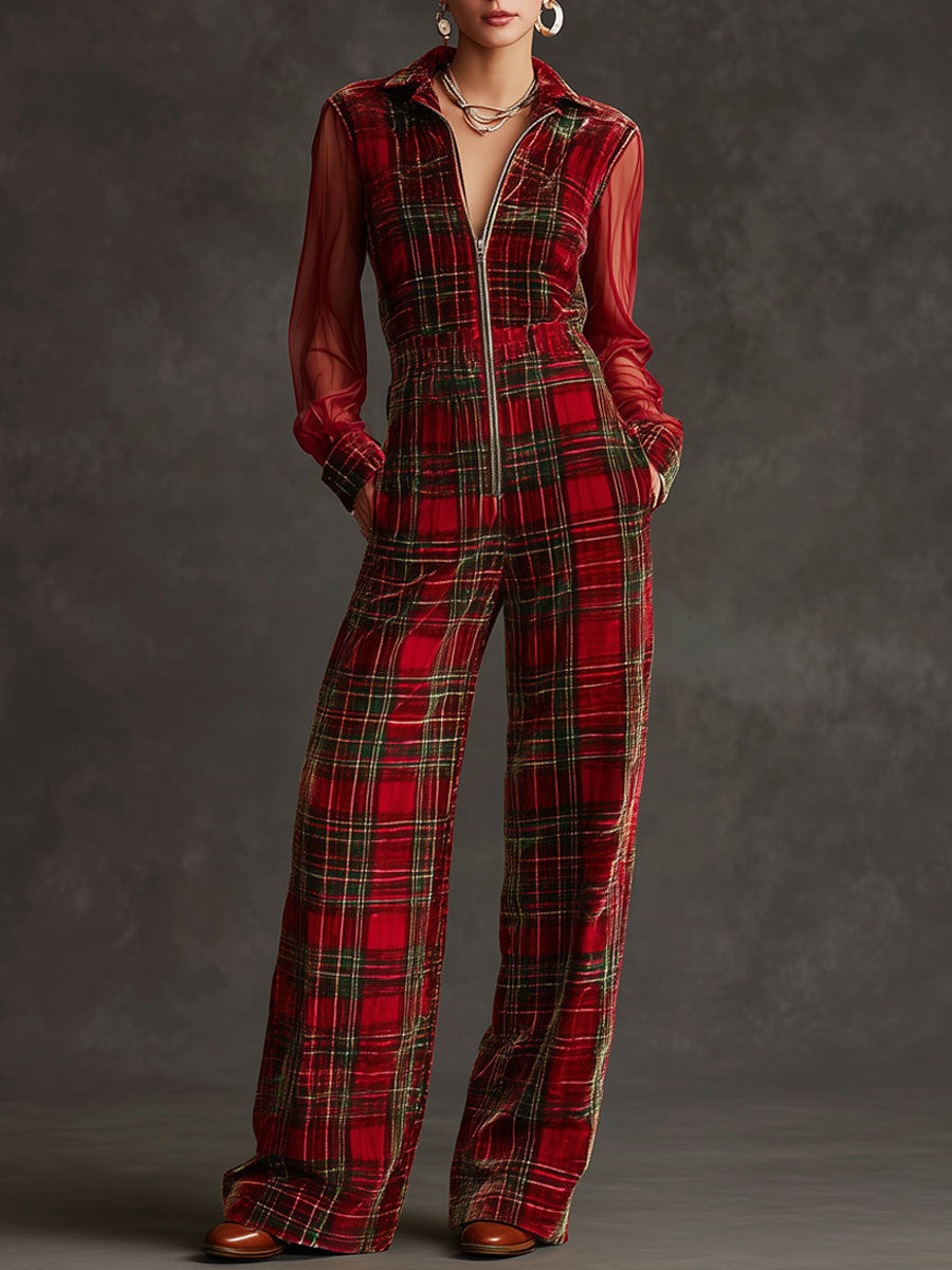 Retro Langärmeliger Samt-Jumpsuit mit Mesh und Rot-Grünem Karomuster und Weitem Bein