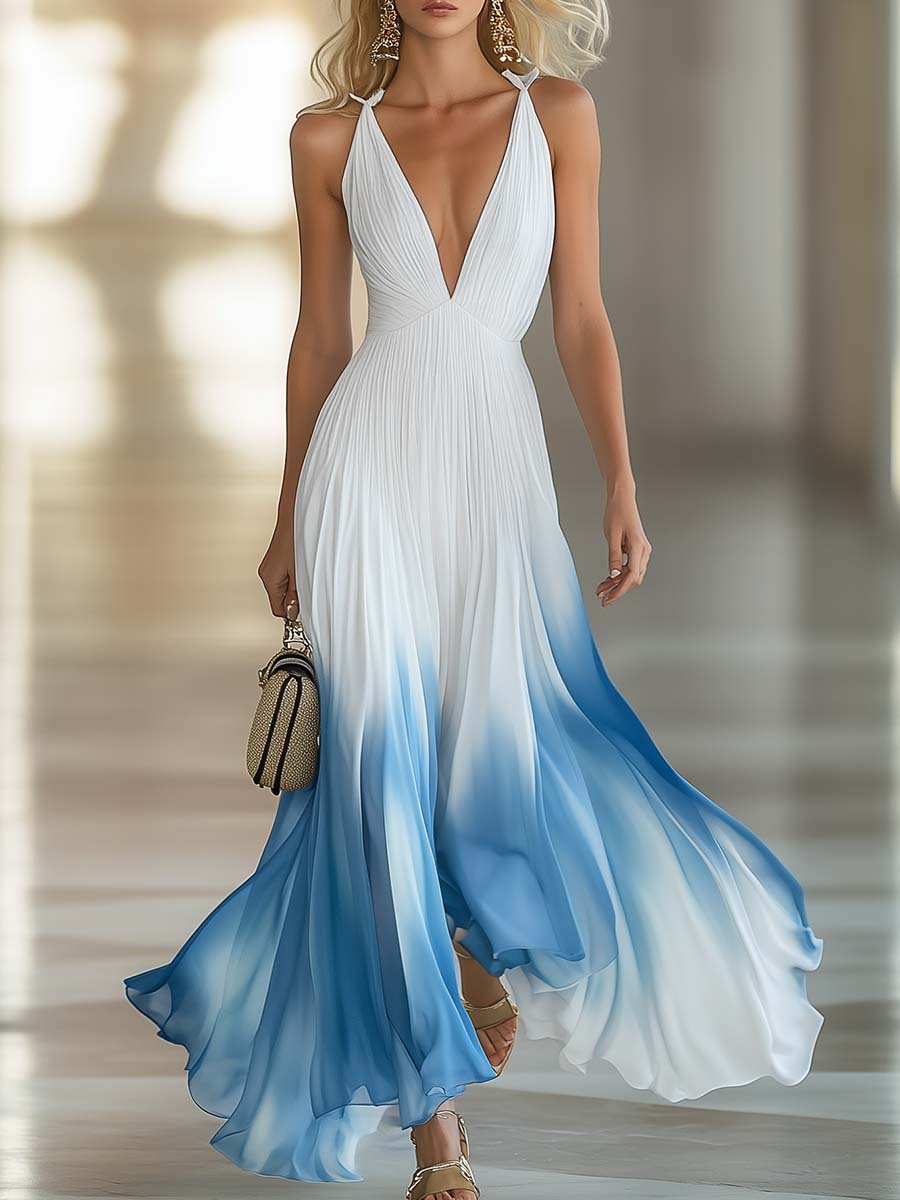Elegantes und fließendes plissiertes Chiffon-Maxikleid mit V-Ausschnitt im Blau-Weiß-Farbverlauf