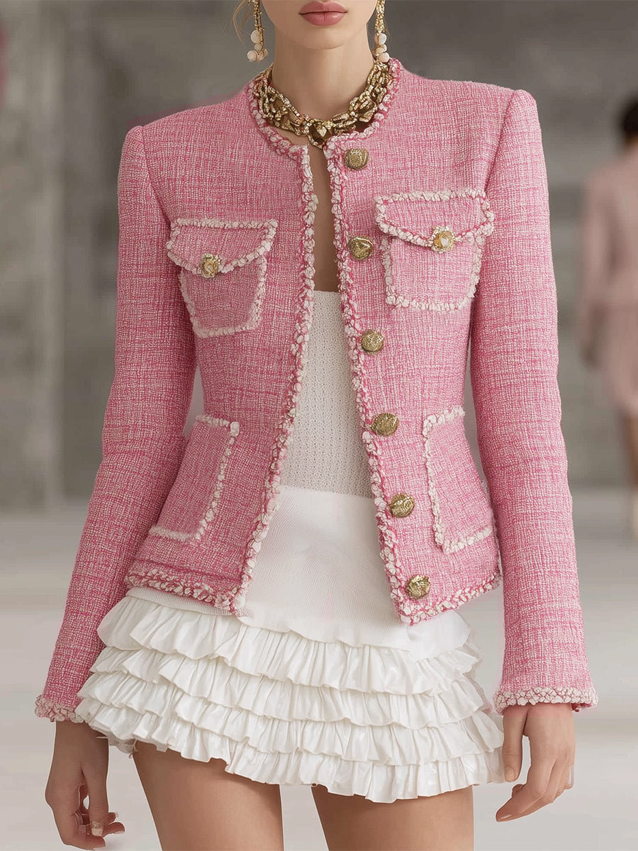 Designer-Tweedjacke in Rosa mit Patchwork, weißer Paspelierung und Knöpfen