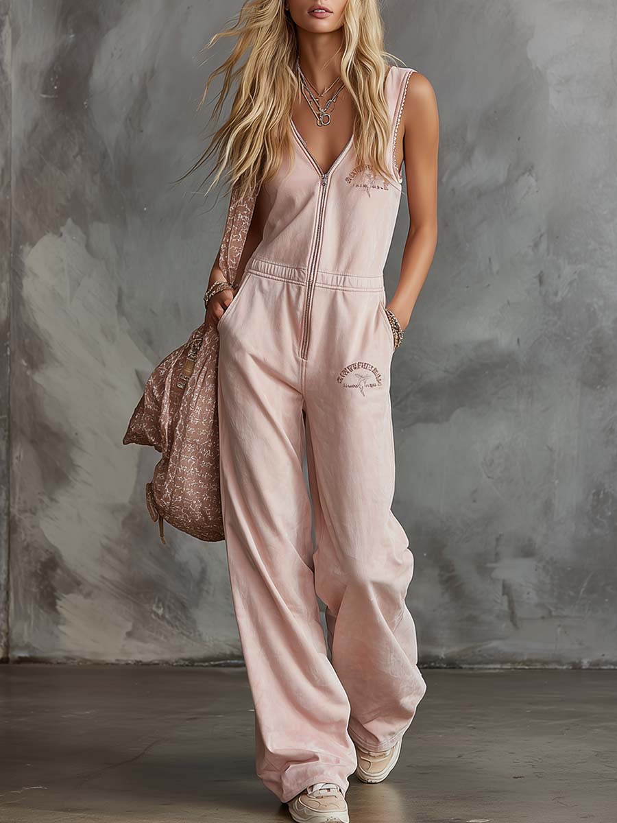 Eleganter retro-sportlicher ärmelloser Overall aus zartrosa Baumwolle mit V-Ausschnitt und Frontreißverschluss