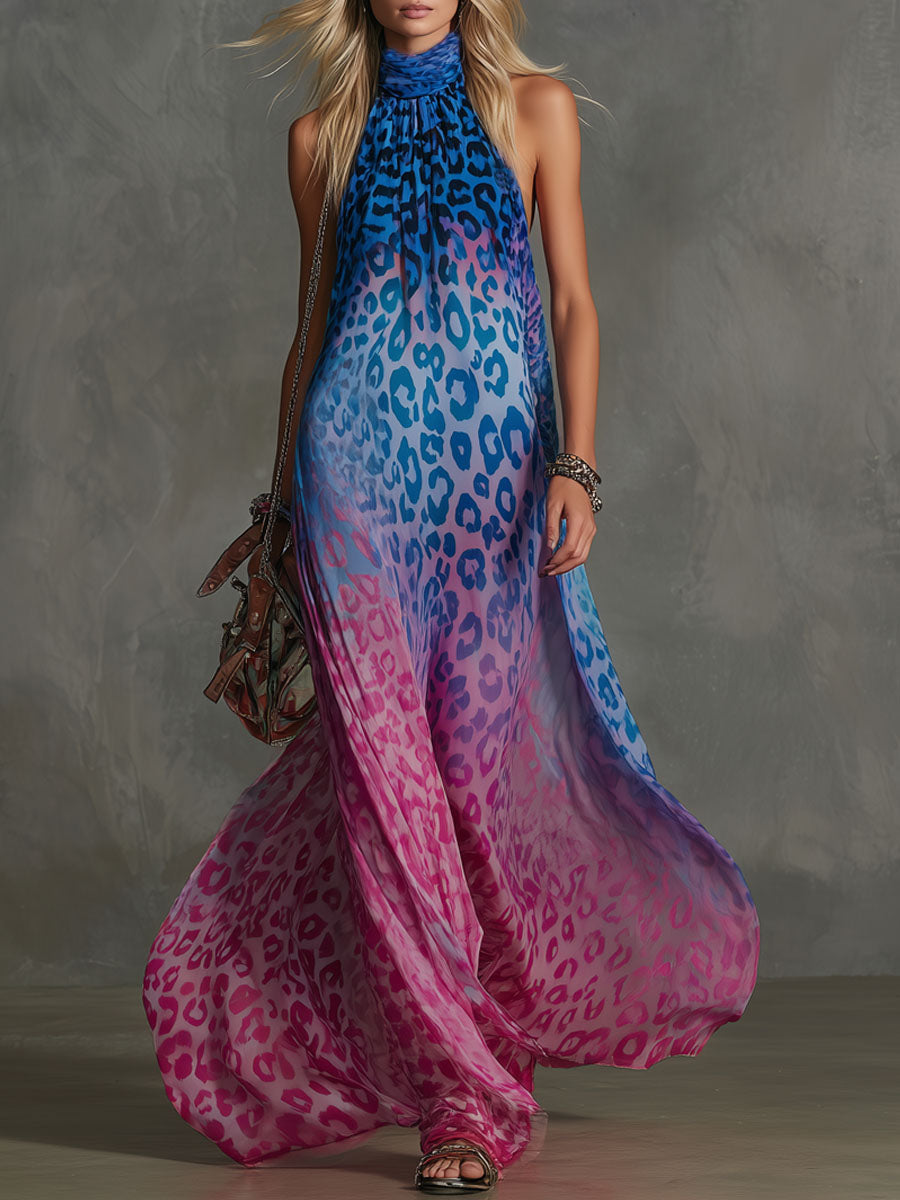 Chiffon-Maxikleid mit Leopardenmuster im Farbverlauf, Stehkragen und ärmellos