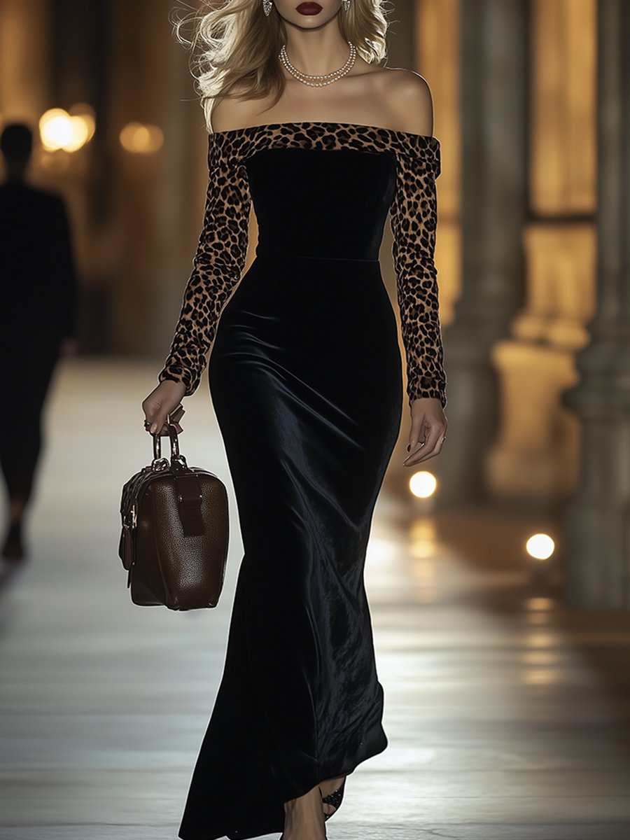 【Versand innerhalb von 24 Stunden】Retro elegantes hochwertiges One-Shoulder-Samtkleid mit Leopardenprint