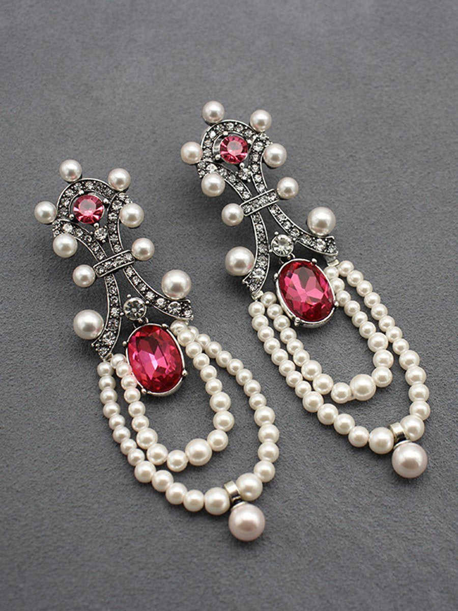 Lange Vintage-Quastenohrringe mit Rubin und Perlen