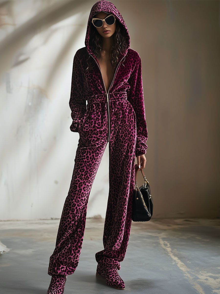 【Versand innerhalb von 24 Stunden】Lässiger Retro-Samt-Jumpsuit in Lila mit Leopardenmuster, elastischem Bund, Reißverschluss und Kapuze