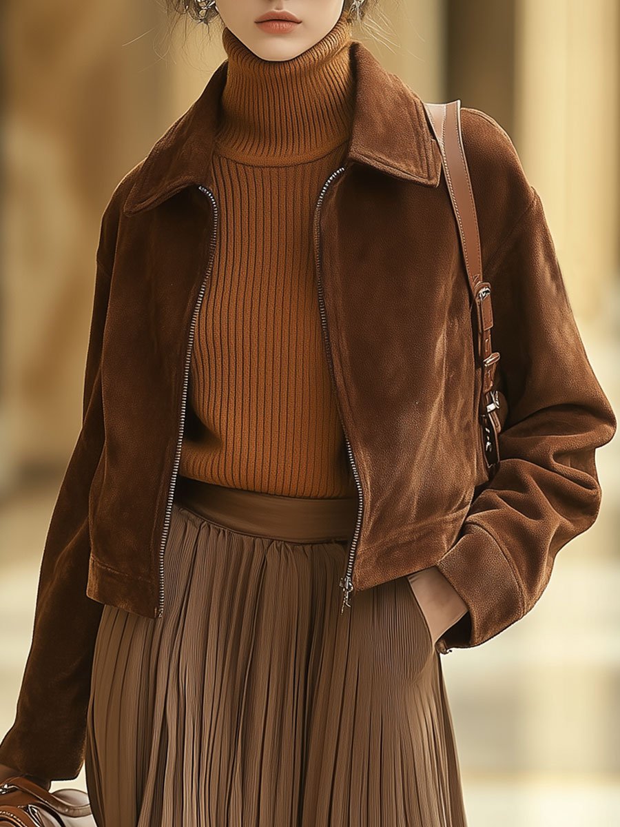 【Versand innerhalb von 24 Stunden】Lässige, lockere kurze Wildlederjacke in Unifarbe mit Reißverschlusstaschen