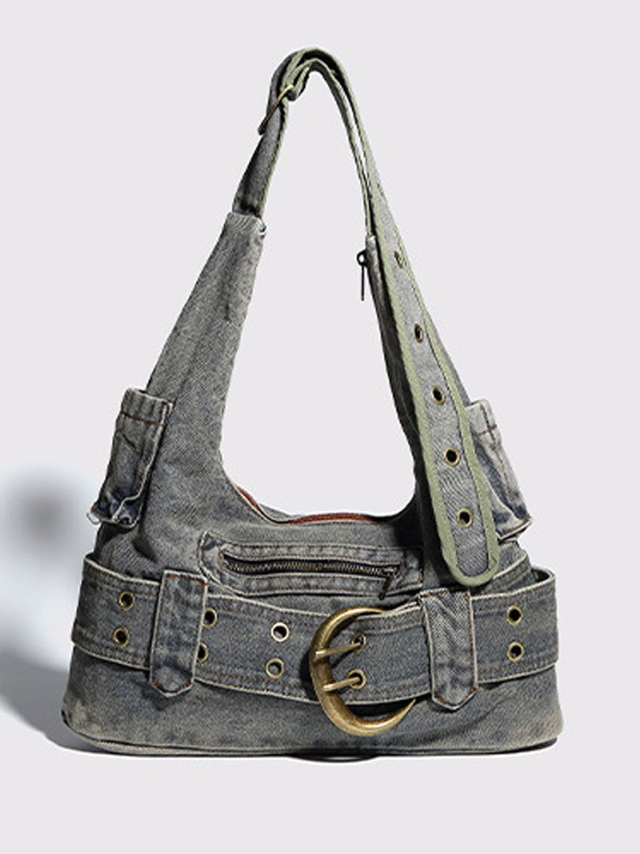 Vintage-Schultertasche aus washed Denim zum Umhängen und Tragen unter dem Arm