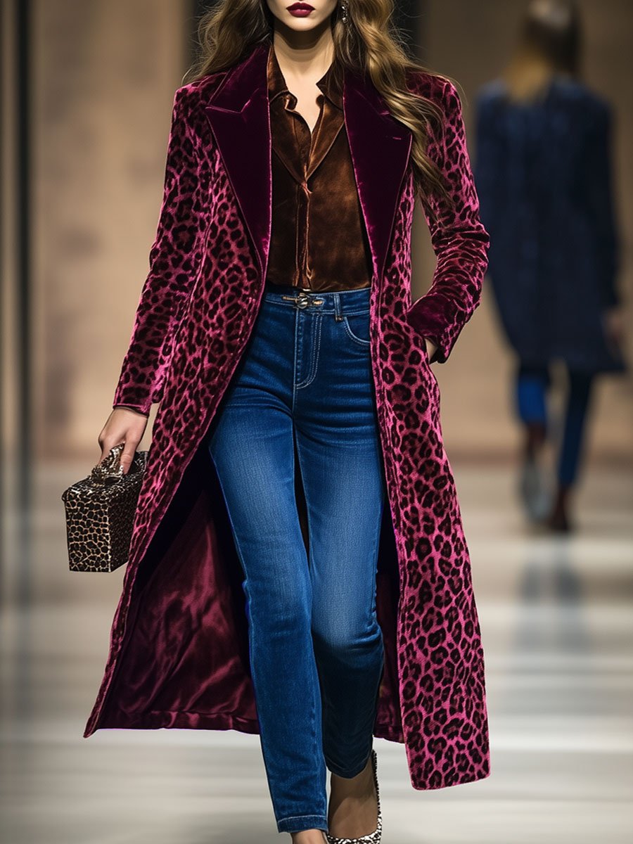 Lässiger, lockerer Vintage-Samtmantel mit Leopardenmuster, Colorblock-Design und Revers