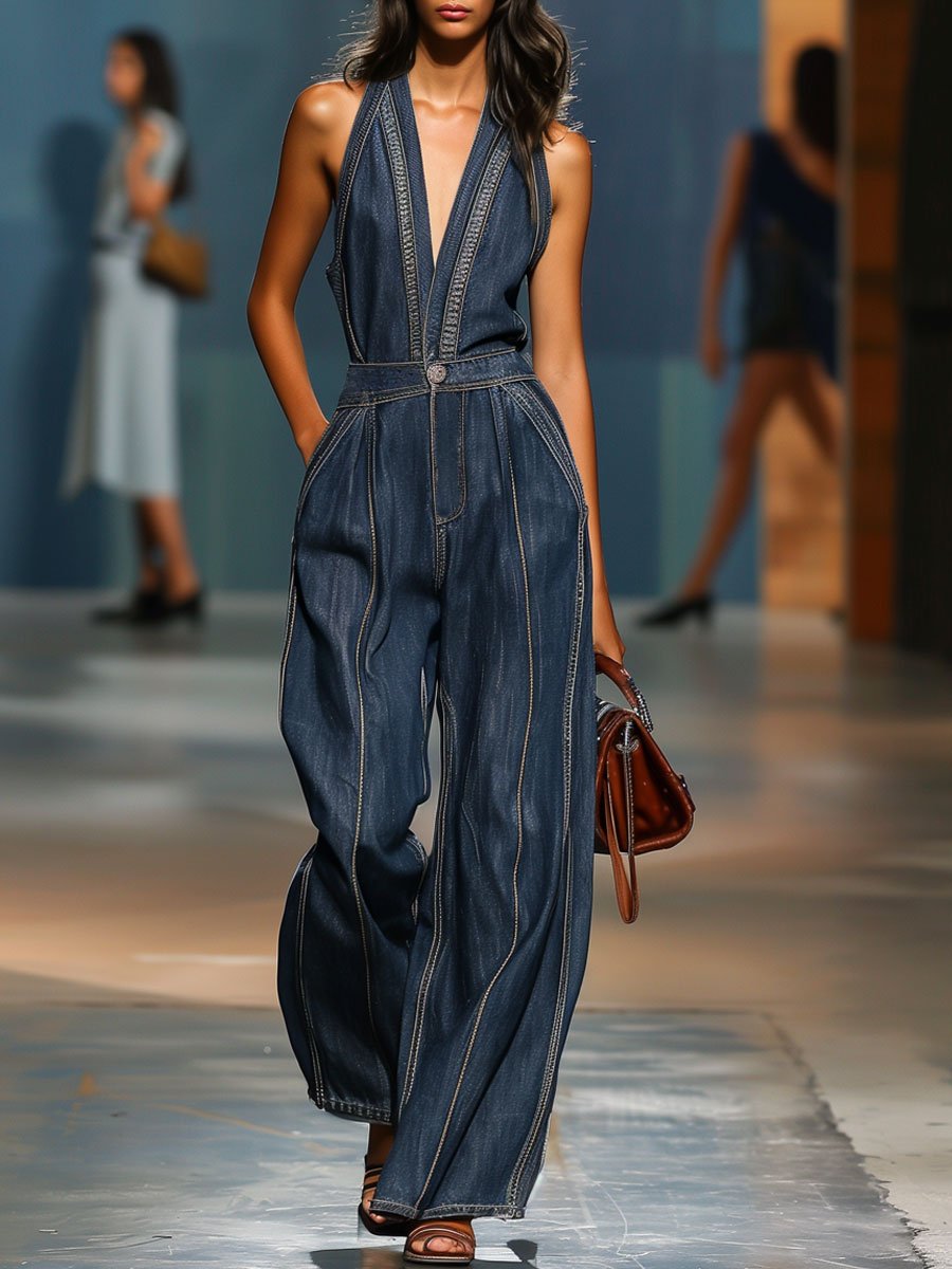 【Versand innerhalb von 24 Stunden】Lässiger Retro-Jeans-Overall mit V-Ausschnitt, ärmellos und weitem Bein