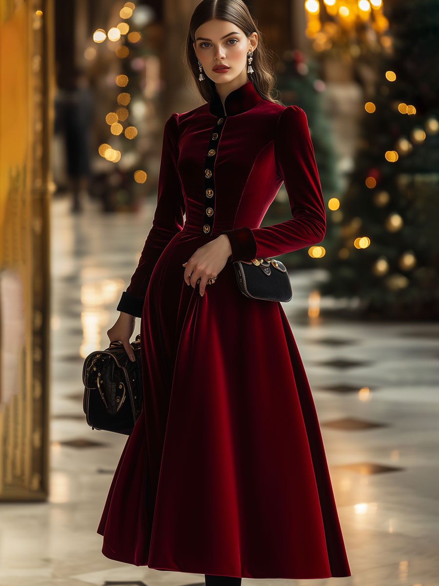 Modisches Retro-Samt-Midikleid in Ankola-Rot, einreihig mit langen Ärmeln