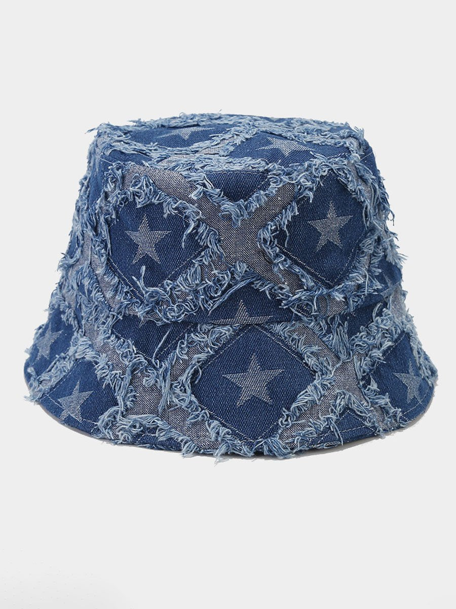 Lässiger Fischerhut aus Denim mit fünfzackigem Stern und offenen Kanten