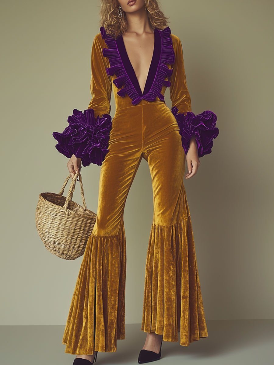 Modischer Party-Jumpsuit aus goldenem Samt in Lila mit Rüschen, langen Ärmeln und ausgestelltem Bein