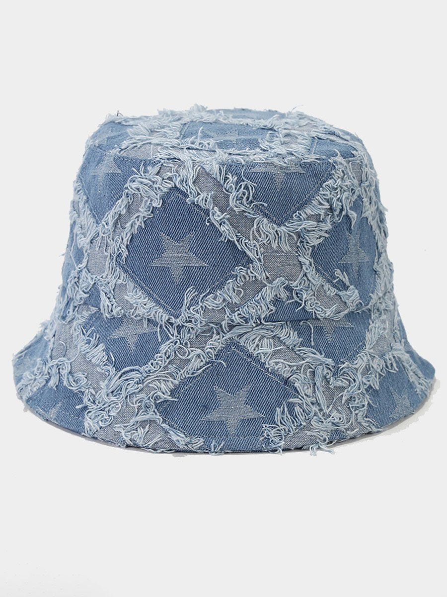 Lässiger Fischerhut aus Denim mit fünfzackigem Stern und offenen Kanten