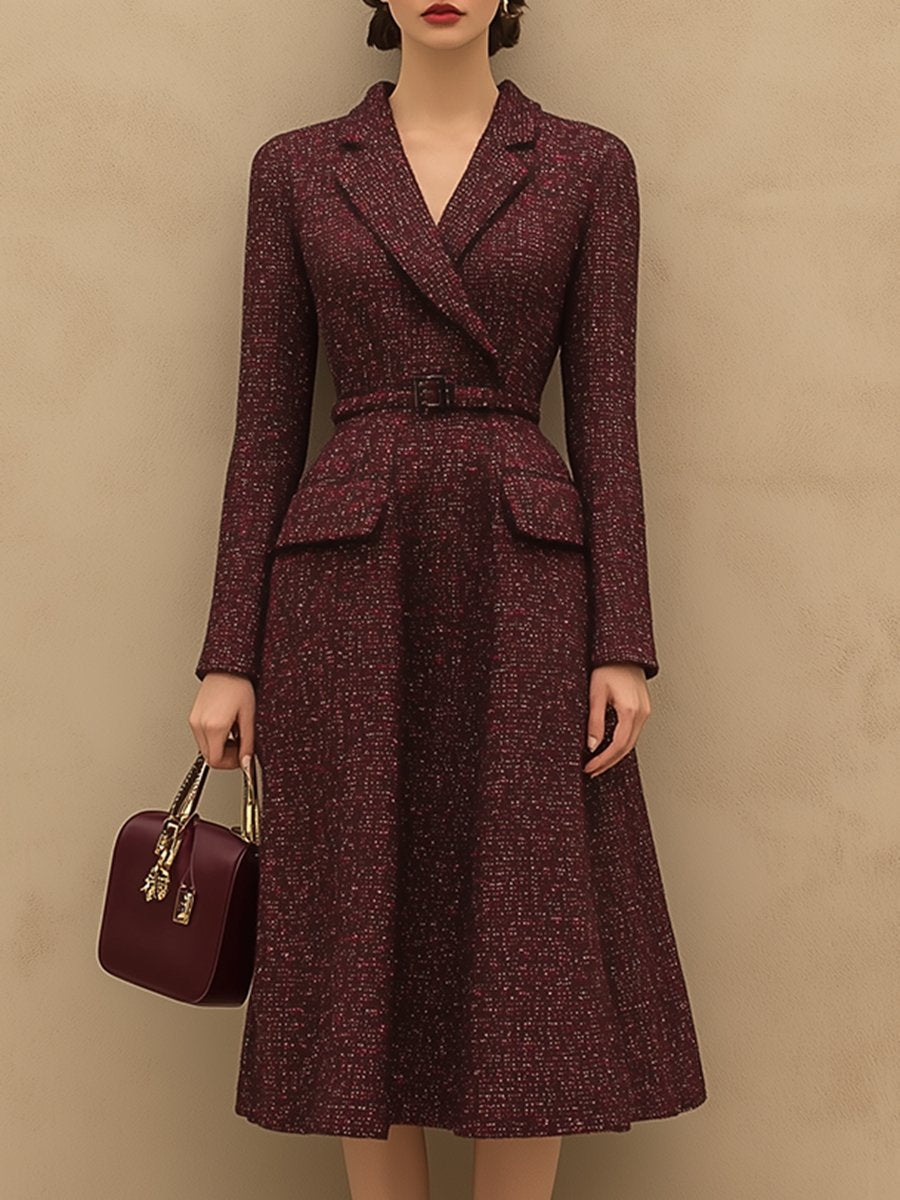 【Versand innerhalb von 24 Stunden】Elegantes Vintage-Kleid aus Ankola-rotem Tweed mit Revers