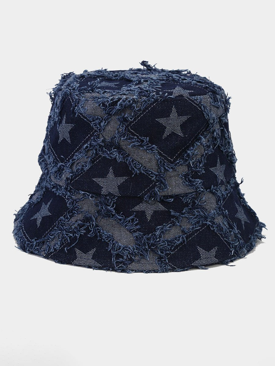 Lässiger Fischerhut aus Denim mit fünfzackigem Stern und offenen Kanten