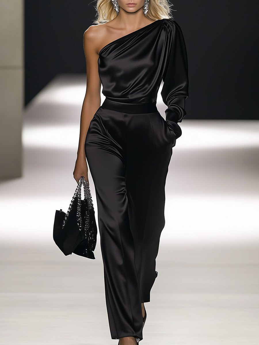 【Versand innerhalb von 24 Stunden】Eleganter schulterfreier Langarm-Jumpsuit aus Satin