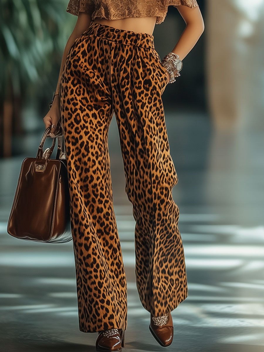 【Versand innerhalb von 24 Stunden】Lässige, lockere Vintage Samthose mit Leopardenmuster, Taschen und elastischem Bund