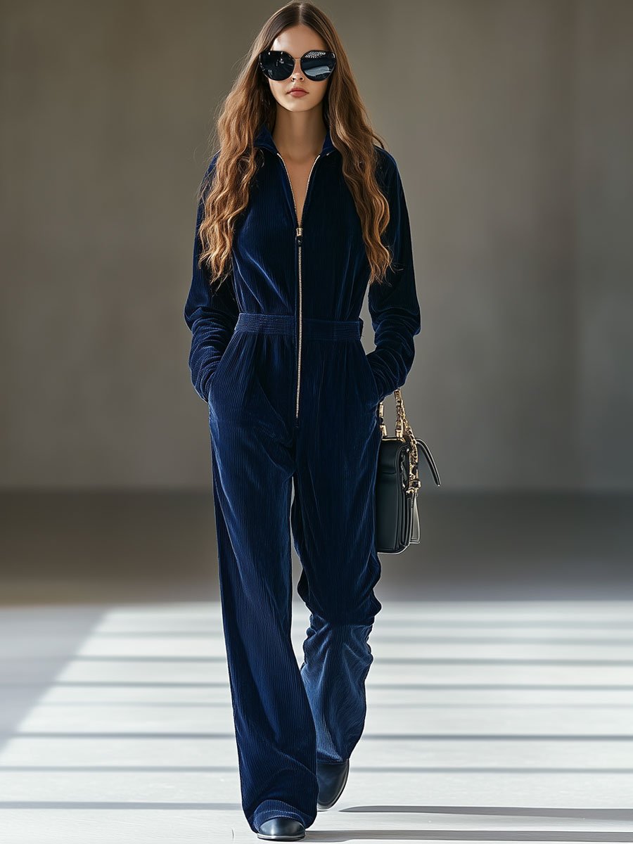 【Versand innerhalb von 24 Stunden】Lässiger, weiter Vintage-Cord-Jumpsuit mit elastischem Bund und Reißverschluss