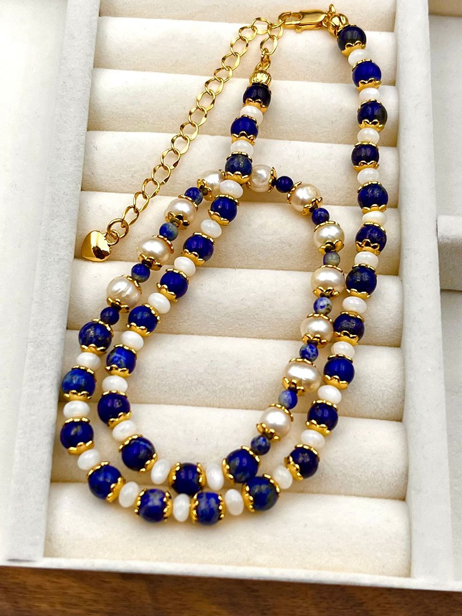 Modische Vintage-Halskette mit natürlichem Lapislazuli und Perlen