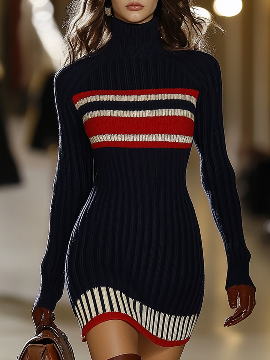 Elegantes französisches Retro-Kleid mit Stehkragen und rot-weißen Streifen