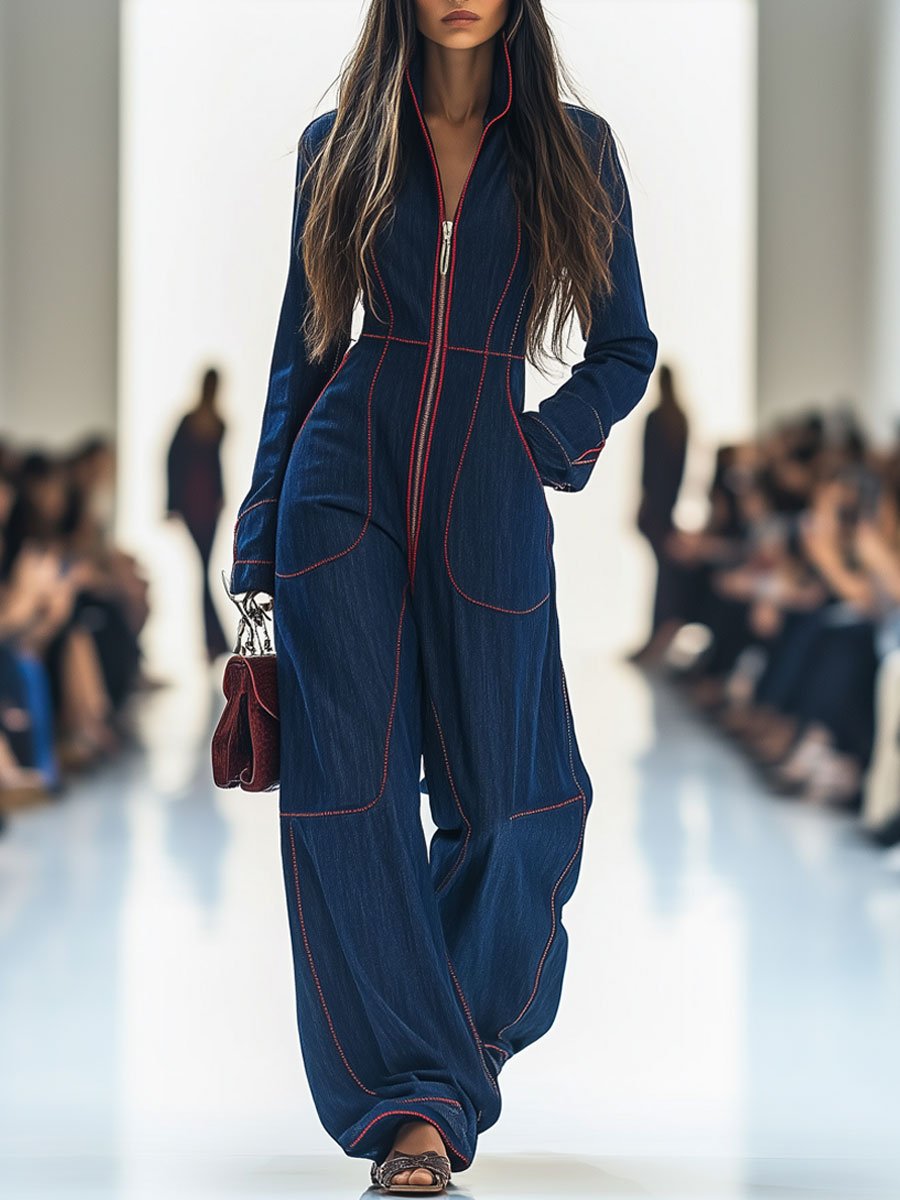 Lässiger, weit geschnittener Retro-Denim-Jumpsuit in Rot mit Ziernähten, weitem Bein und langen Ärmeln