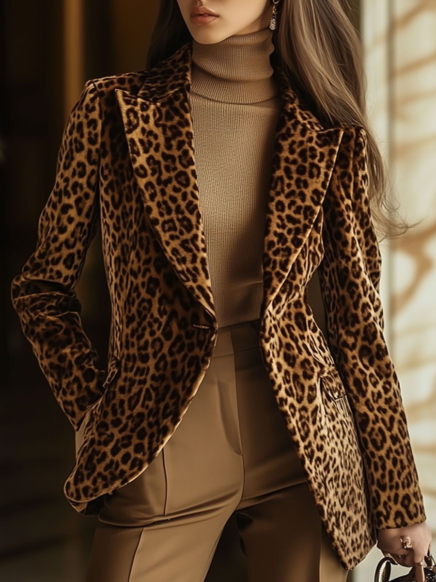 Lässiger Vintage-Samtblazer mit Leopardenmuster, Revers und Taschen