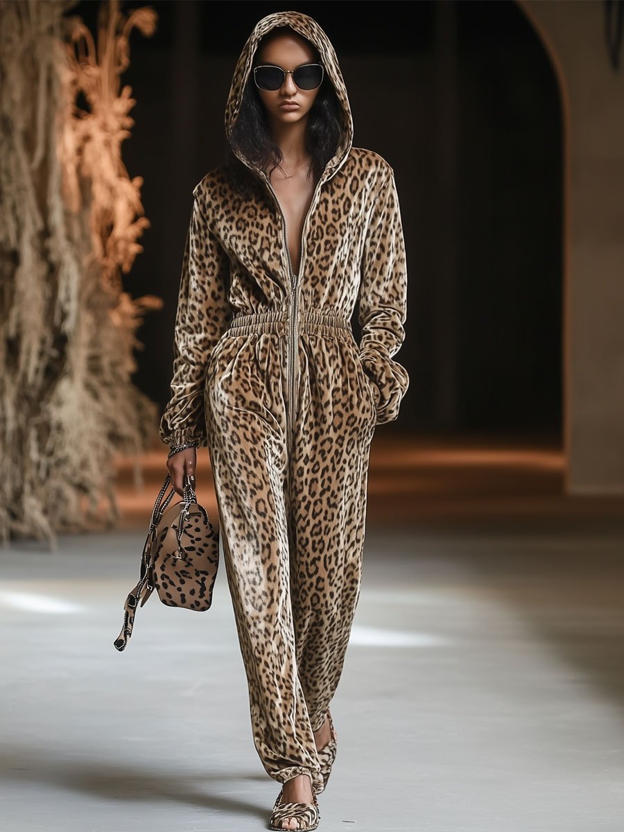 【Versand innerhalb von 24 Stunden】Lässiger, weiter Vintage-Jumpsuit aus Samt mit Leopardenmuster, Reißverschluss und Kapuze