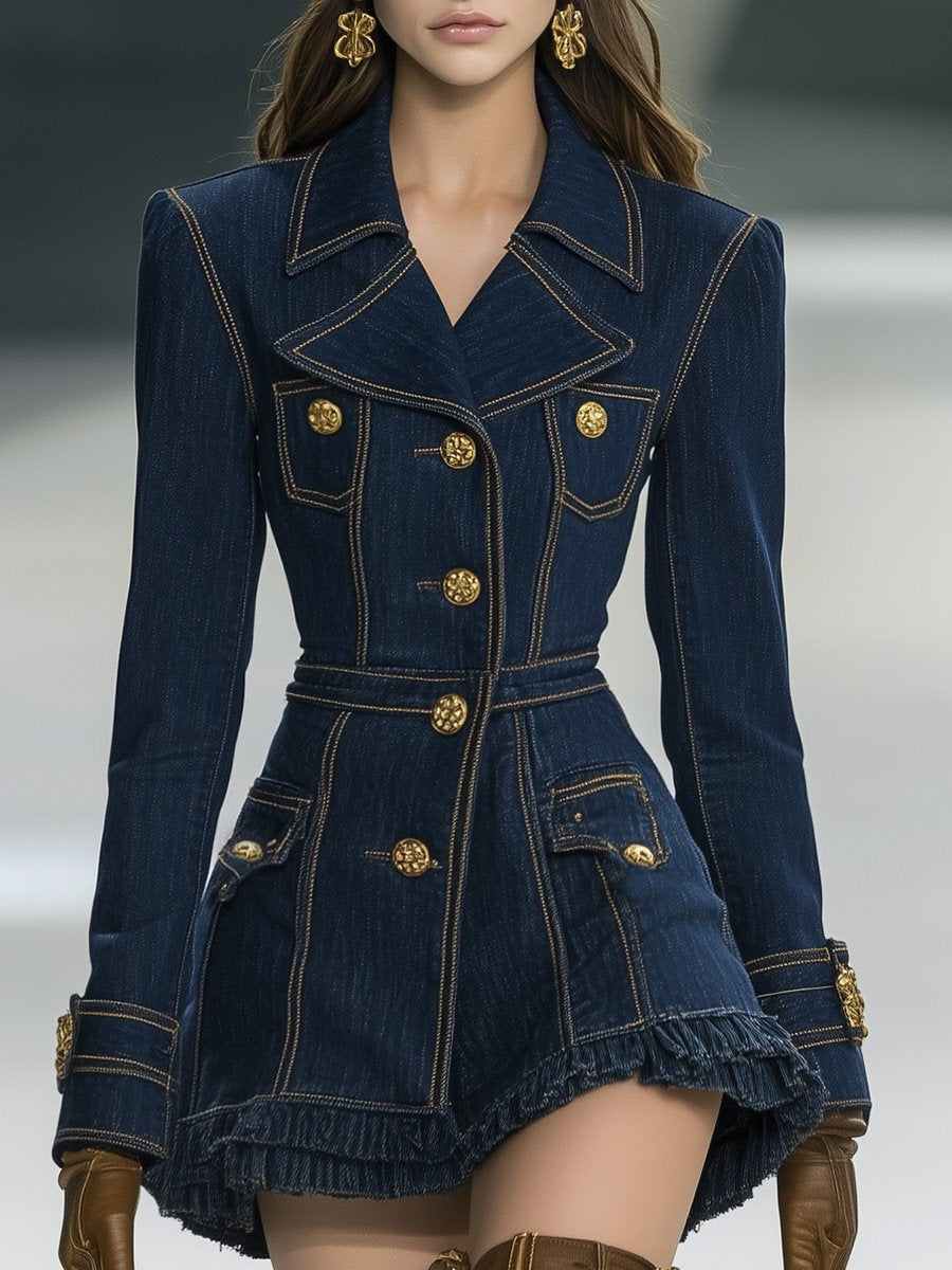 【Versand innerhalb von 24 Stunden】Klassisch-verspieltes Denim-Minikleid mit großem Revers, Rüschensaum und betonter Taille